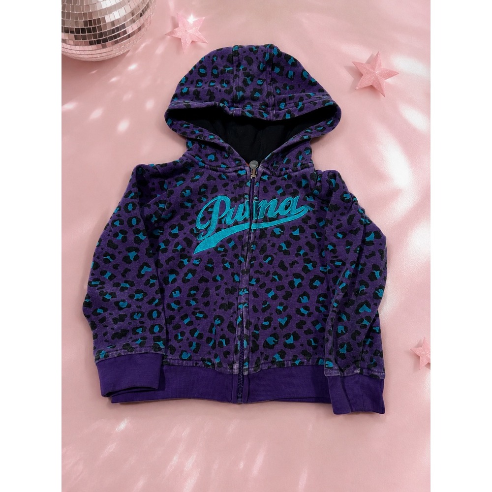 Y2K Puma Girls Leopard‎ Print Zip Up Hoodie Sweatshirt 24M 2000s Sporty